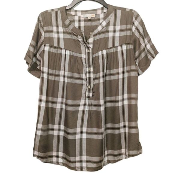 C&C California Womans Plaid Short Sleeve Blouse Sz Small Button Green - Picture 2 of 13